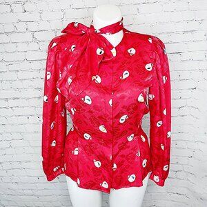 VINTAGE ANNE KLEIN SILKY RED PRINT SECRETARY BLOUSE TOP W/ BOW - 12